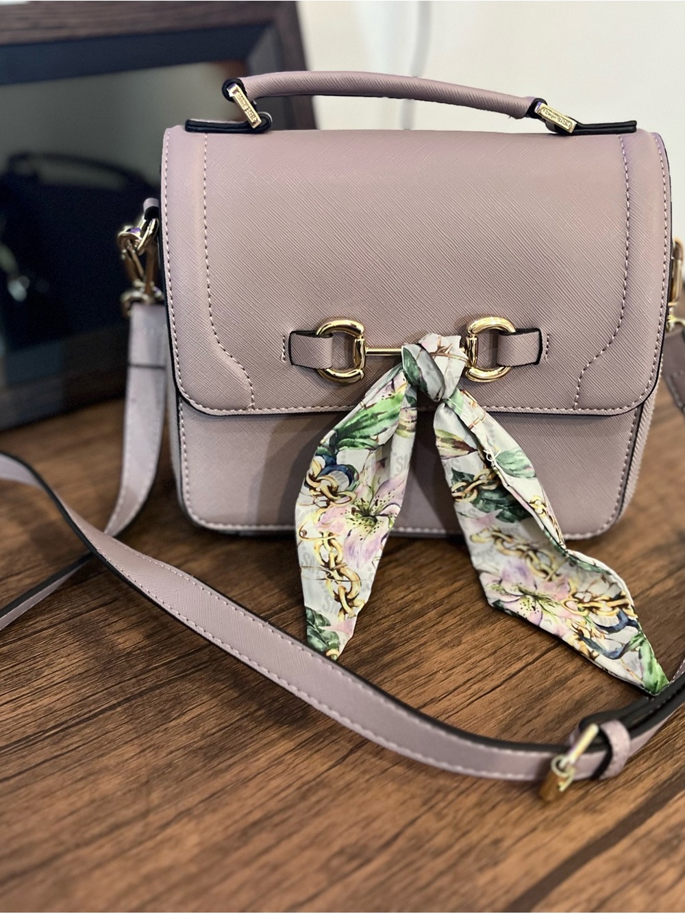 Steve Madden Mauve Top-Handle Crossbody with Floral Scarf